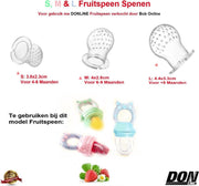 3 x Vervangende Spenen (Voor gebruik met DONLINE Fruitfopspenen verkocht door Bob Online) 3x Verschillende maten – S = 4-6 Maanden x 1 – M = 6-9 Maanden en L = +9 Maanden – Voor langer gebruik tot 18 Maanden /  Vervangende spenen