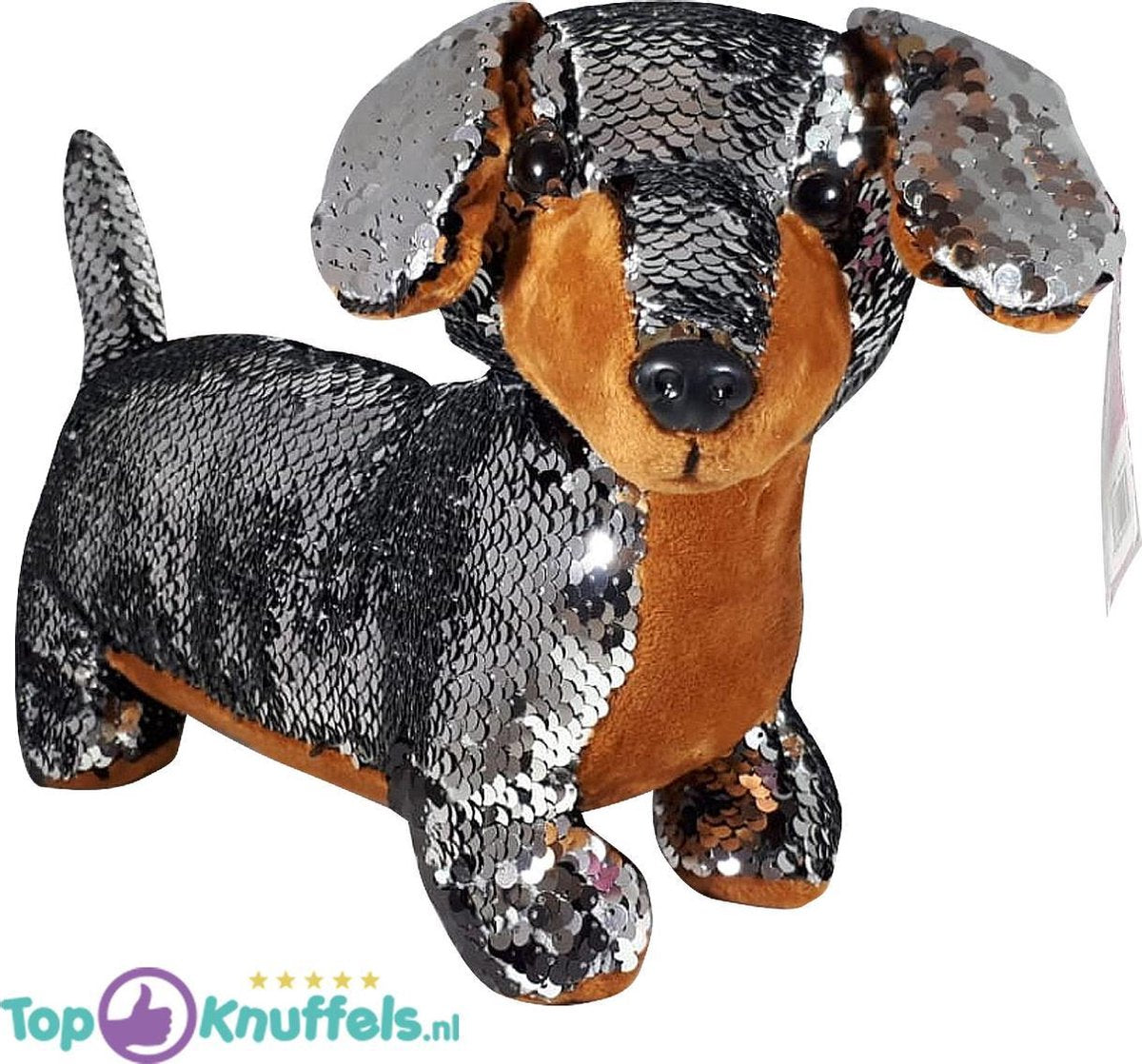 Teckel Hondje Pluche Knuffel Met Glitter Effect (Zilver) 30 cm | Tekkel Dachshund Peluche Plush Toy | Knuffeldier voor kinderen | Knuffelhond