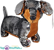 Teckel Hondje Pluche Knuffel Met Glitter Effect (Zilver) 30 cm | Tekkel Dachshund Peluche Plush Toy | Knuffeldier voor kinderen | Knuffelhond