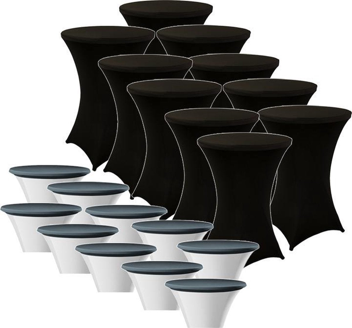 Zwarte Statafelrok x 10 + Top Cover x 10 – 80 cm x 110 cm hoog | Cocktailtafel | Statafelhoes met Topcover | Inclusief Zwarte Statafelhoes | Staantafelrok Stretch Rok | Horeca Staantafelhoes Zwart inclusief Topper