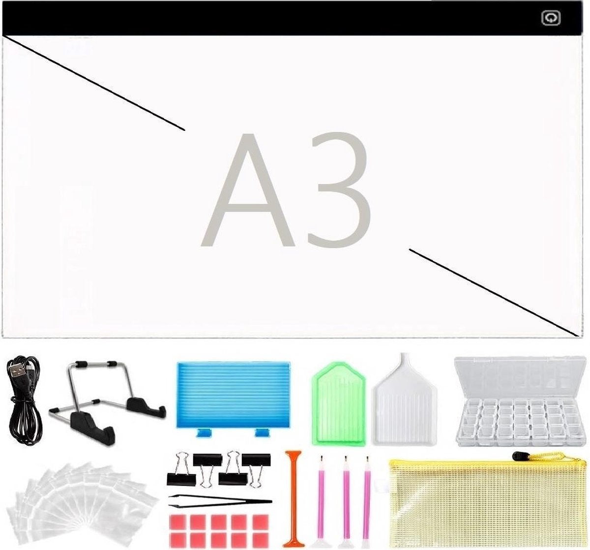 diamond painting pakket volwassenen -  volledig starterspakket - deluxe accessoires box  -  A3 lightpad voor diamond painting