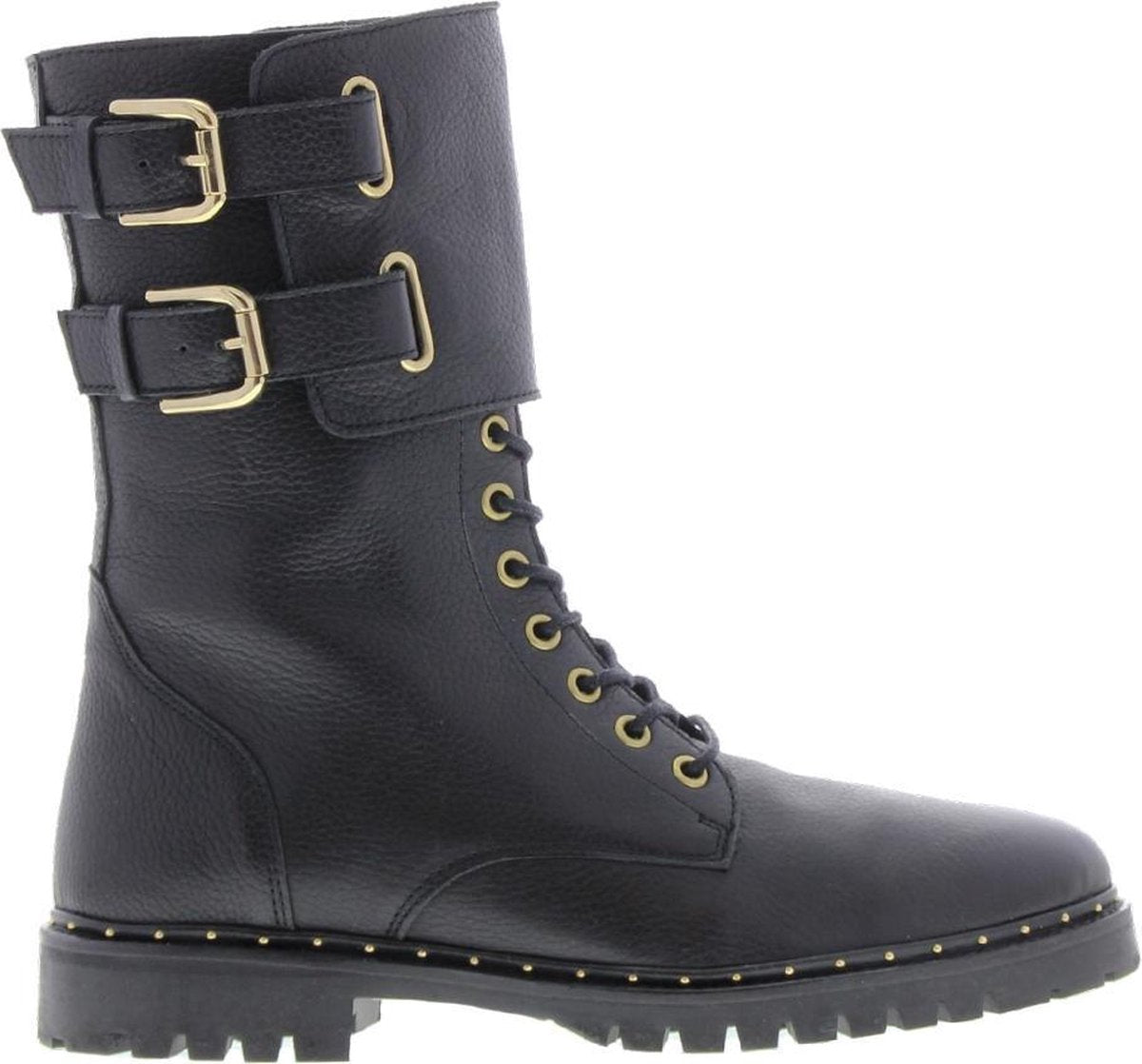 Tango | Bee 216-a black leather high lace up boot/buckles - black sole/studs welt | Maat: 36
