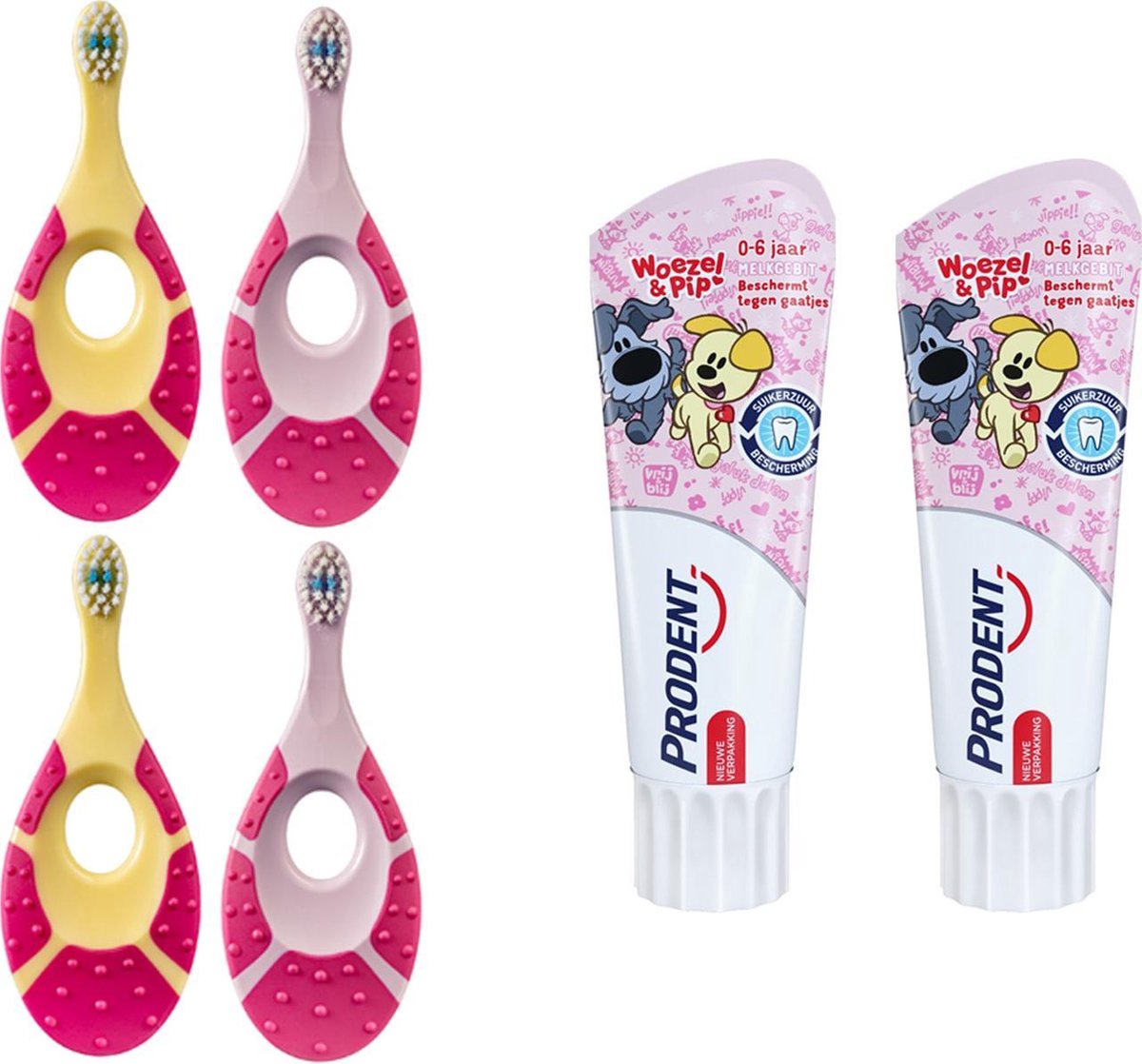 Jordan Step-By-Step 1 - 4x Tandenborstel (0-2 jaar) met 2x Prodent Woezel & pip Tandpasta Roze