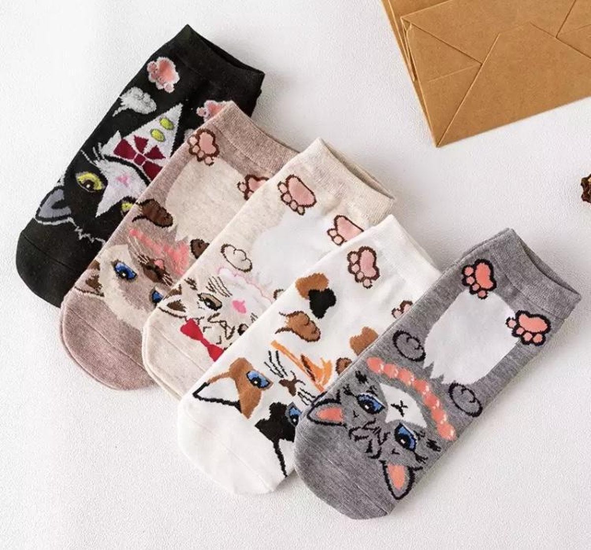 Set van 5 paar kattensokken - Cartoon Style - Enkelsokken Kat - Unisex - Multipack - Maat 36-41