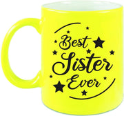 Best Sister Ever cadeau koffiemok / theebeker neon geel 330 ml