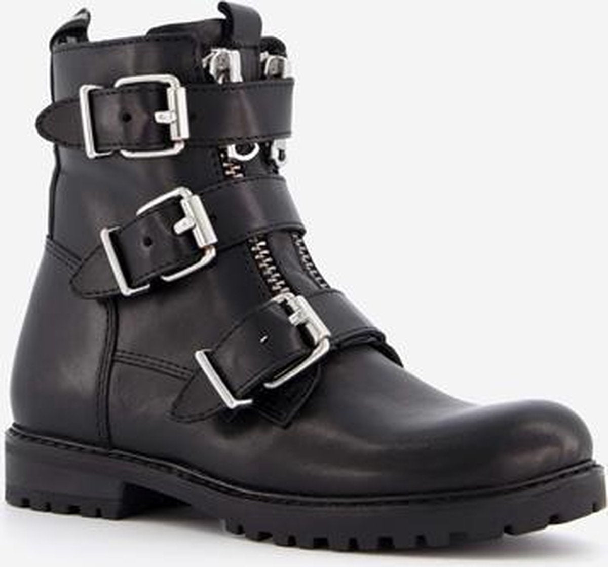 Groot leren meisjes biker boots - Zwart - Maat 38