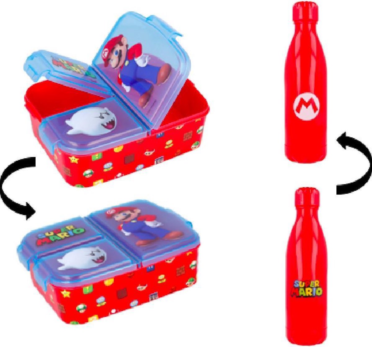 Mario - 3 compartiment brooddoos (18 cm X 13 cm X 6 cm) + Plastiek Waterfles - drinkfles ( 660 ml - 25 cm)