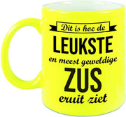 Leukste en meest geweldige zus cadeau koffiemok / theebeker neon geel 330 ml