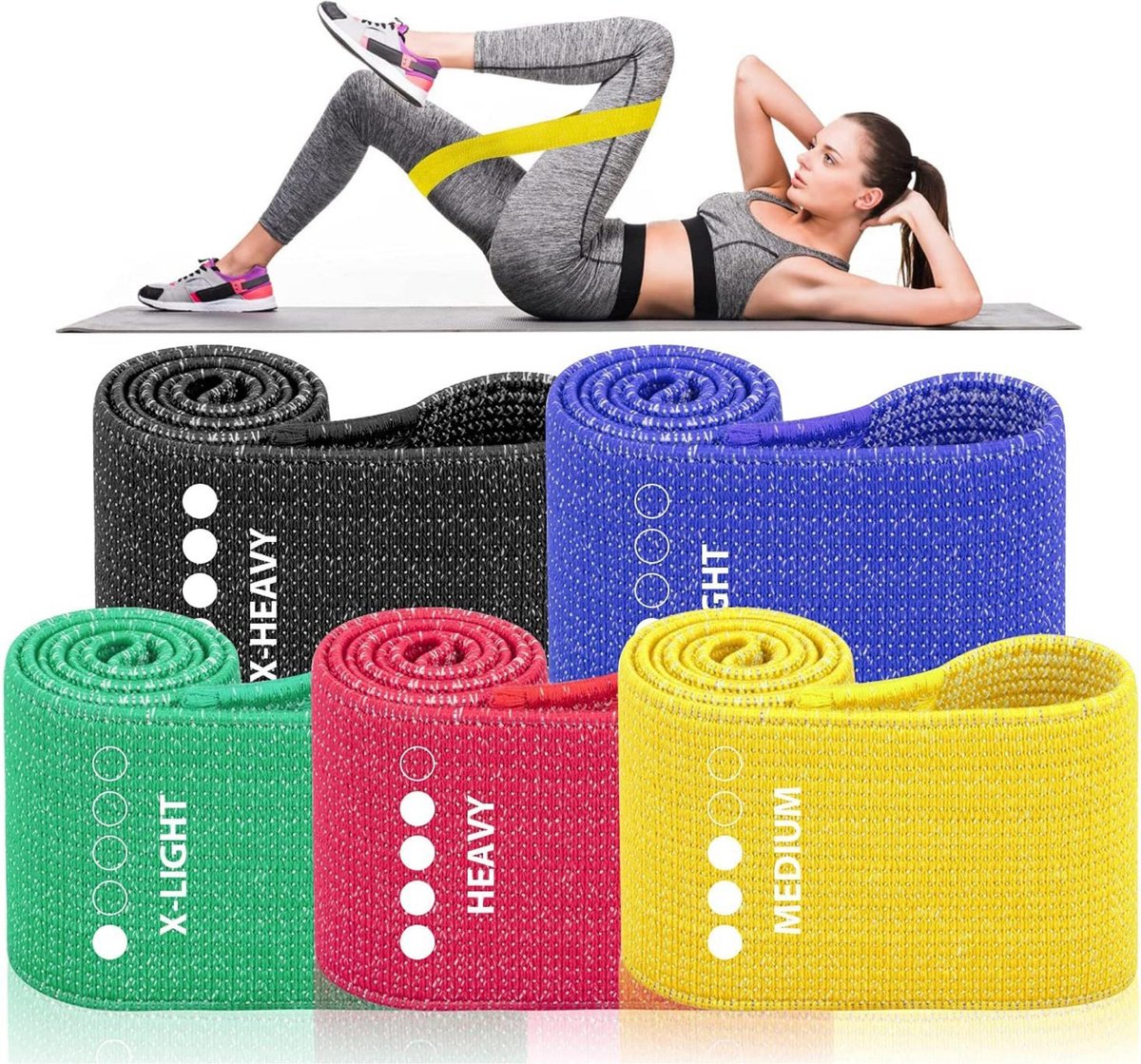 U Fit One® 5 Delige Resistance Band Set - Booty band - Fitness elastiek set - Elastieken - Weerstandsband - Stretch band - Fitness Thera band - Fitnessband - Fysiotherapie -Yogaband - Pilatesband - Yoga - Pilates - Thuis sporten - Home gym - ufitone