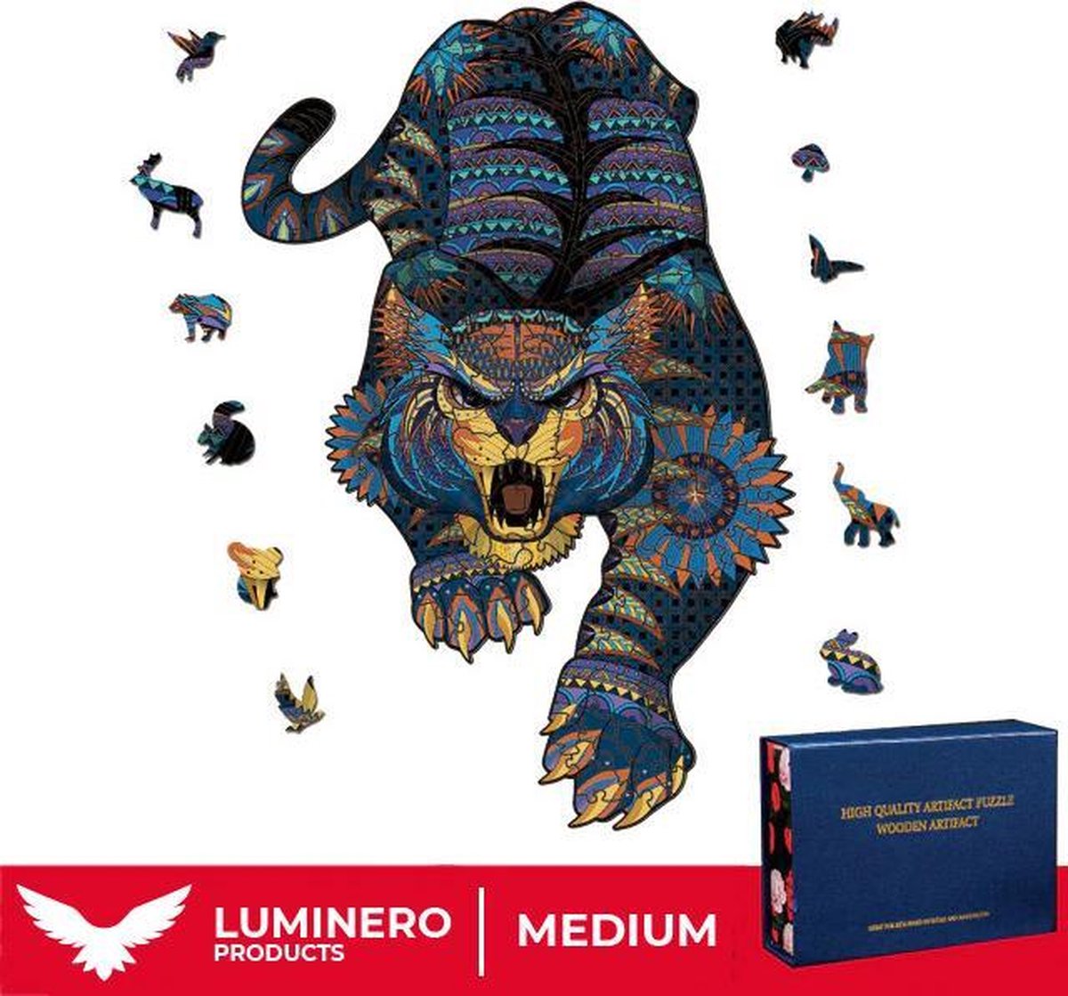 Luminero™️ - Jigsaw Houten Puzzel - Tijger Medium Formaat – Wooden puzzle - Leuk voor volwassenen - Unieke vormen - Educatieve puzzels - Fantastisch cadeau voor vrienden en gezinnen - Huisdecoratie - Giftbox