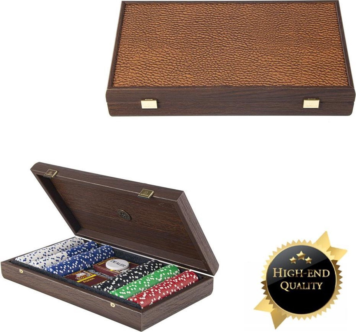 Donker Walnoothouten kist - Leatherette top -met 300pcs Pokerset