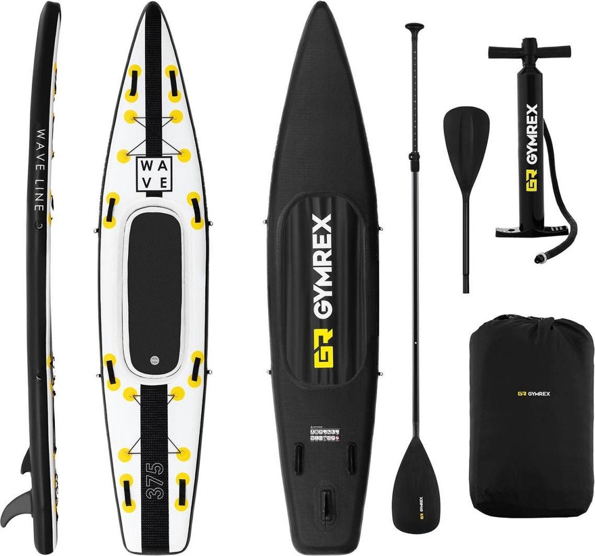 Gymrex Inflatable SUP Board - 120 kg - zwart/geel - set met peddel en accessoires
