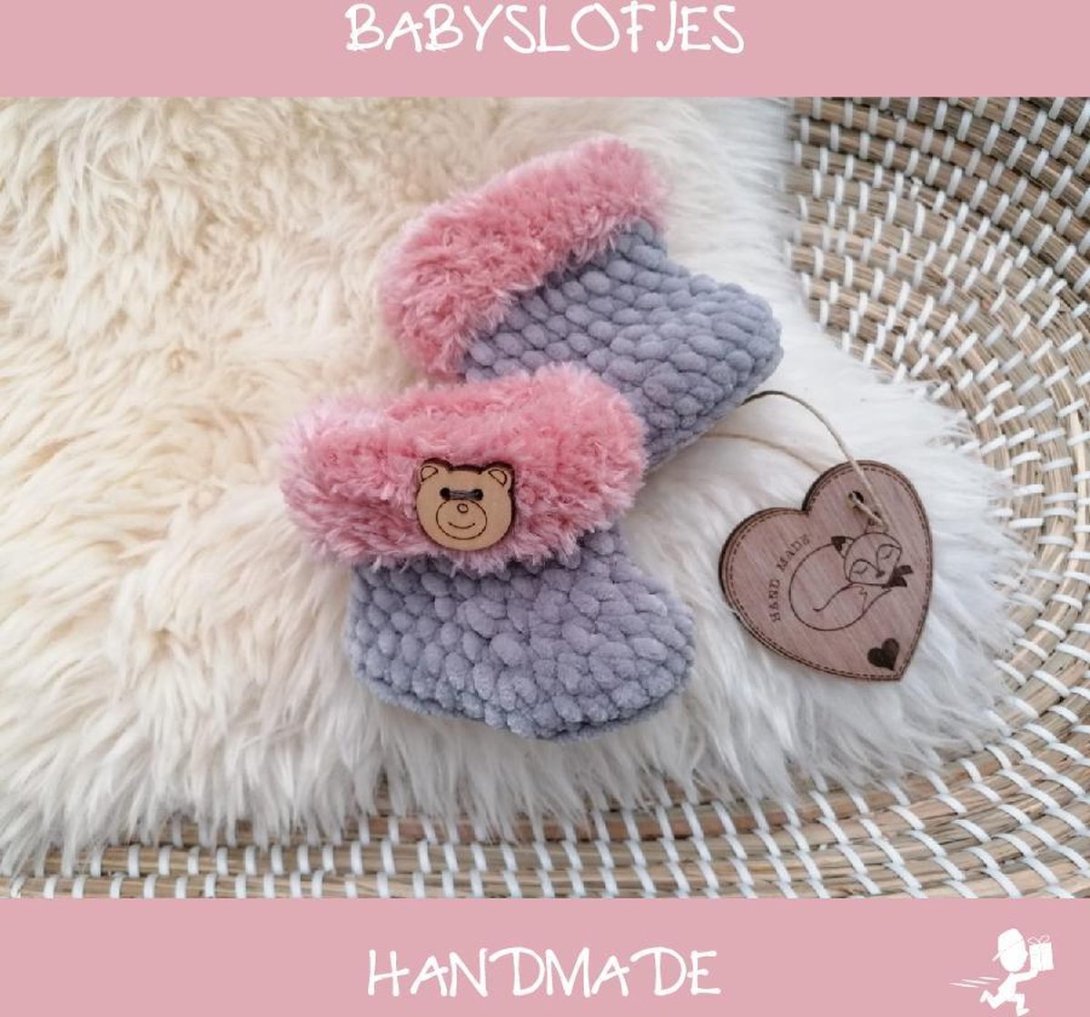 Babyslofjes gebreid| Grijs_rose | Handmade