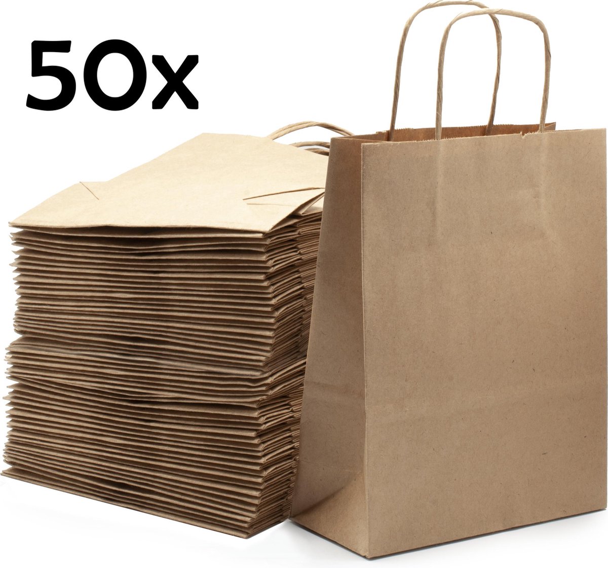 PrimeAmbition Kraft Papieren Tasjes Met Handvat – 50 Stuks – Bruin – 18 x 8 x 24 cm – Papieren Zakjes - Gift Bag – Geschenktas – Cadeautasjes – Cadeauzakjes – Cadeau Tas
