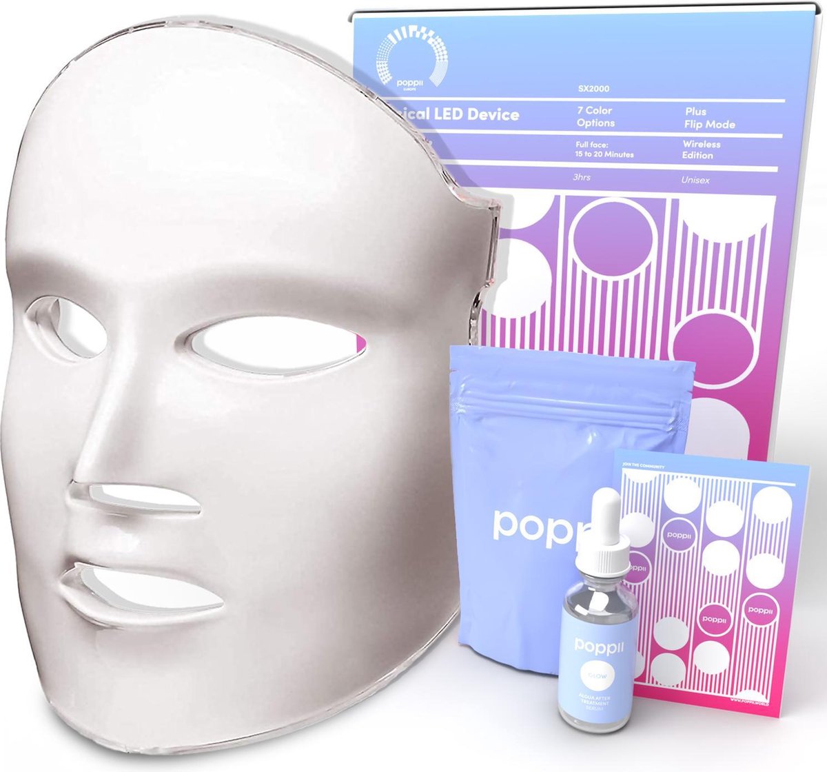 LED Gezichtsmasker POPPI™ Anti-Rimpel Huidverzorging – Lichttherapie - LED gezichtsmasker – Lichttherapie masker - Huidverjongingsapparaat - 8 kleuren in 1 - MET Aftercare Serum & Travelbag