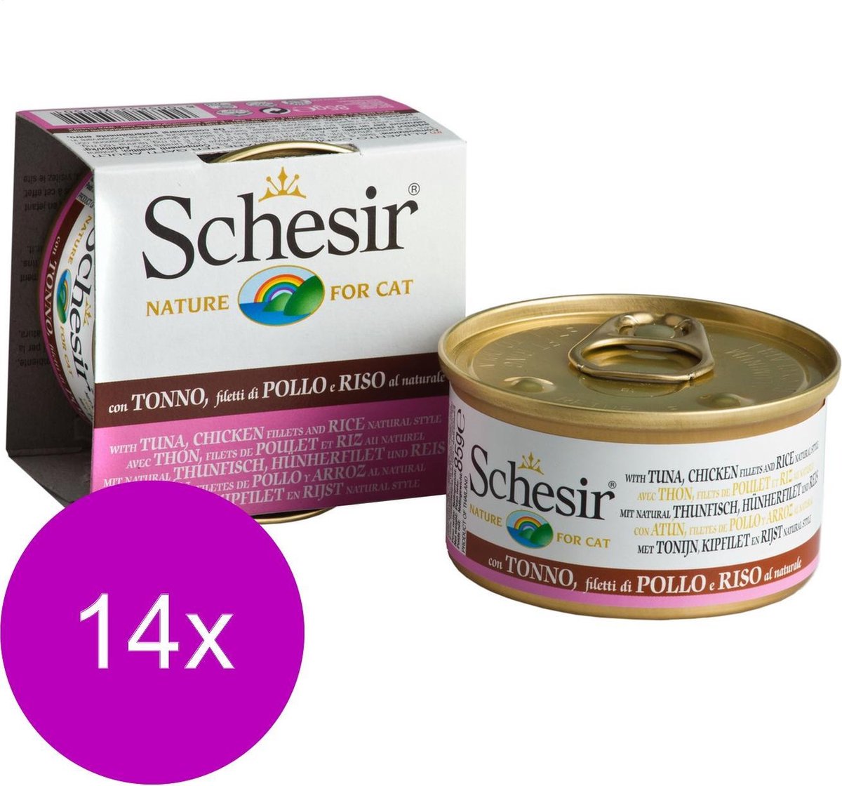 Schesir Kat Blik Gekookte Vis 85 g - Kattenvoer - 14 x Tonijn&Kip&Rijst