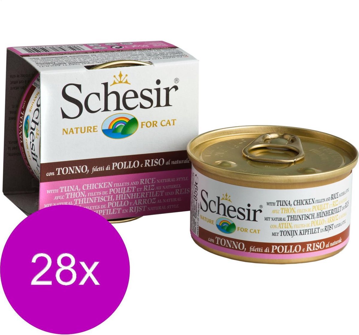 Schesir Kat Blik Gekookte Vis 85 g - Kattenvoer - 28 x Tonijn&Kip&Rijst