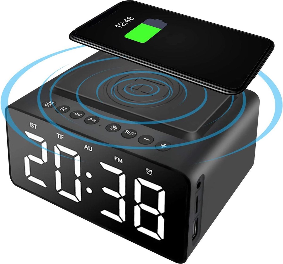 Garpex® Smart Alarmklok Speaker met Wireless Charging – 4 in 1 – Draadloos Opladen – Bluetooth Speaker – Wekker