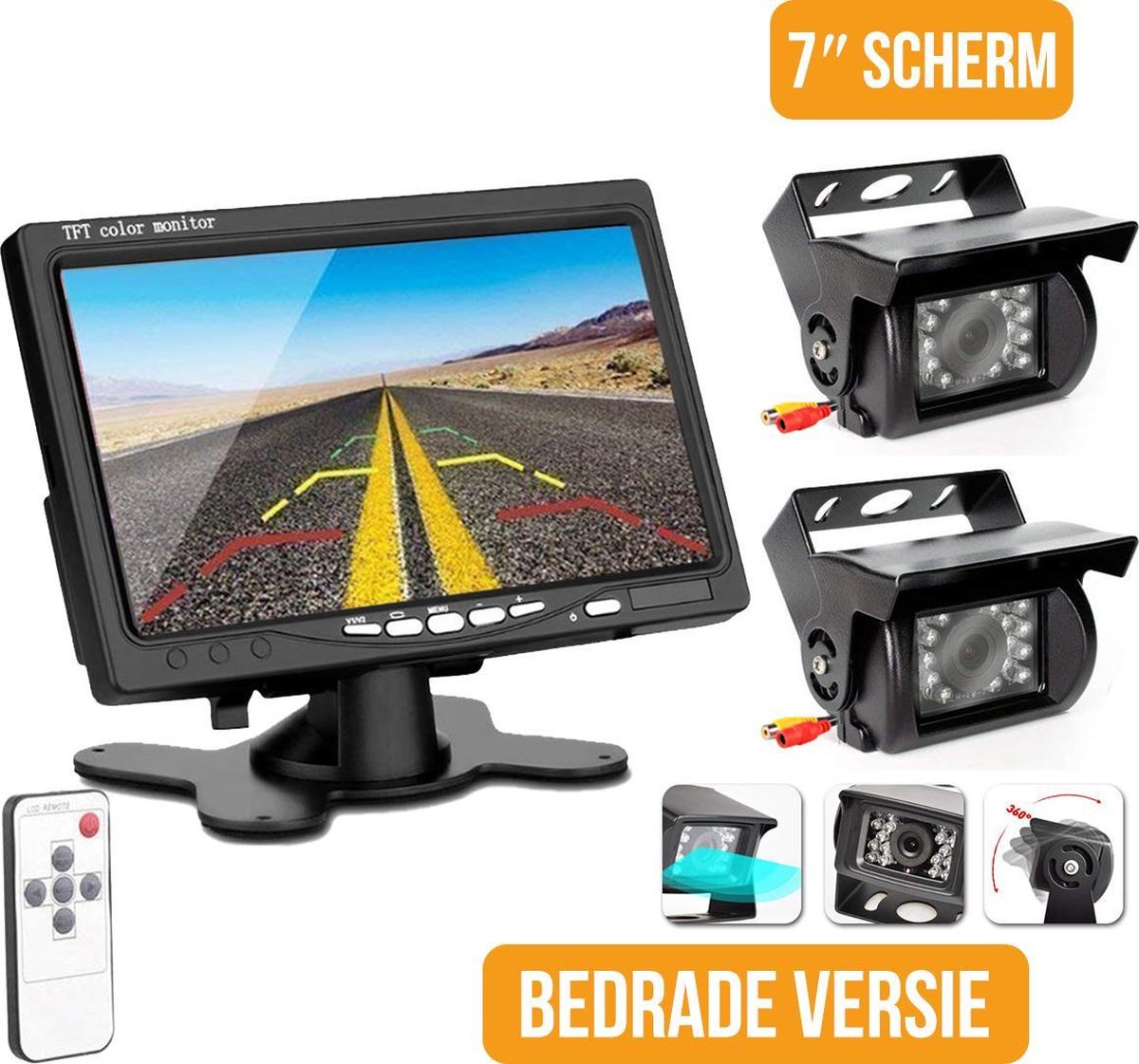 Strex Achteruitrijcamera Set Bedraad Met 2 Camera's (tegelijk bekijken) - 7" Scherm - 18LED Nachtzicht 15m - IP67 Waterdicht - Achteruitrij Camera