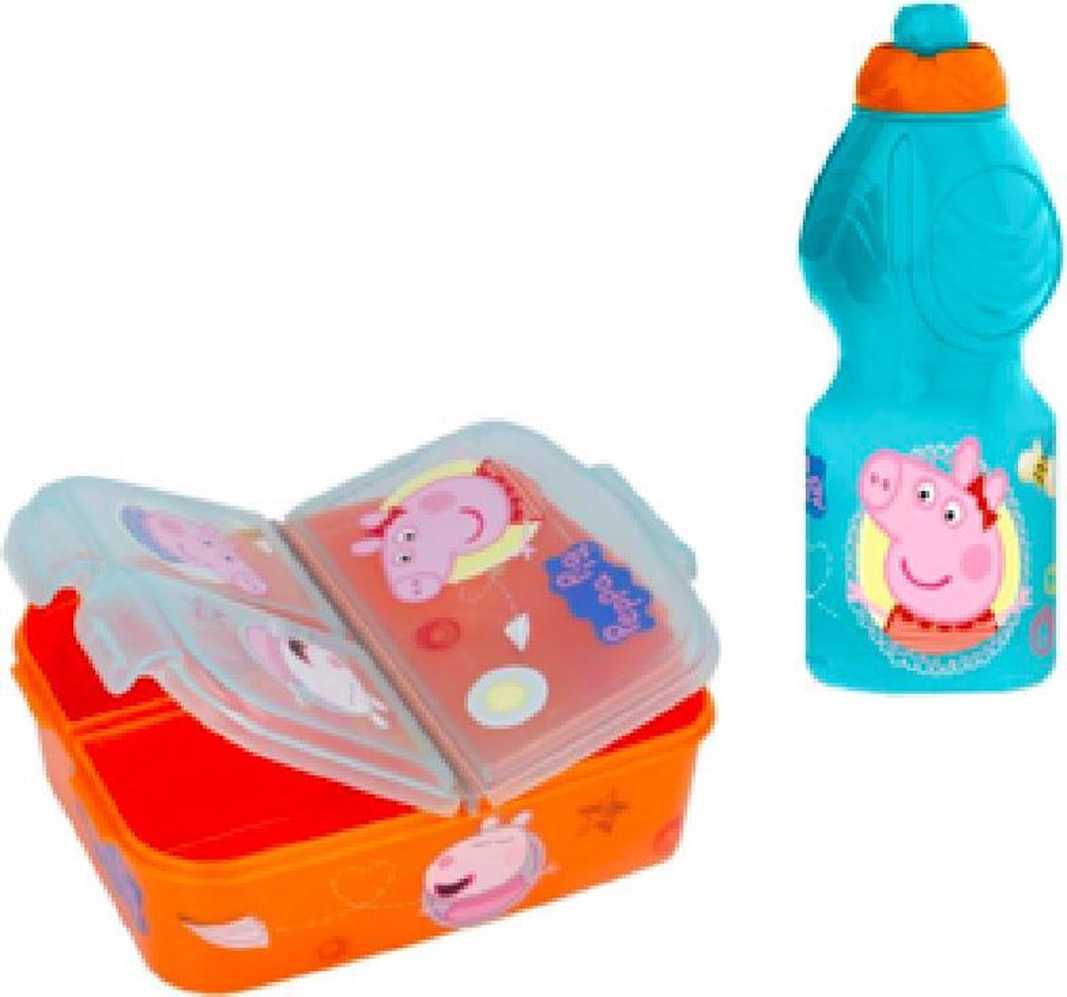 Peppa Pig 3 compartimenten brooddoos (18 cm - 13 cm - 6 cm) + Drinkfles (18 cm hoog - 400 ml)