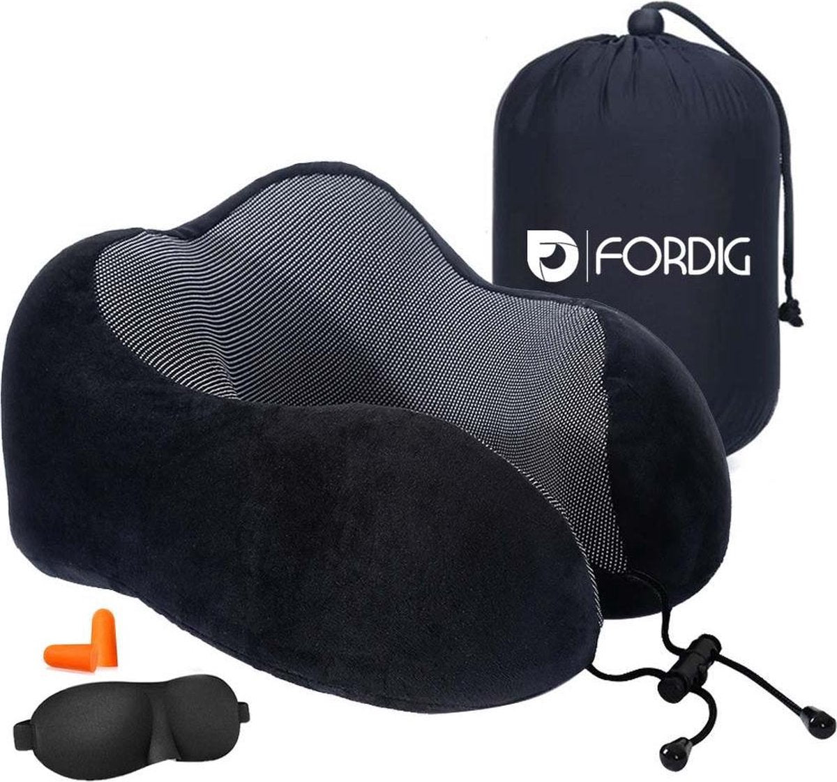 ForDig Traagschuim Nekkussen Inclusief Slaapmasker & Oordopjes– Memory Foam Reiskussen – Travel Pillow – Vliegtuig Kussen – Neksteun Reiskussentje - Zwart