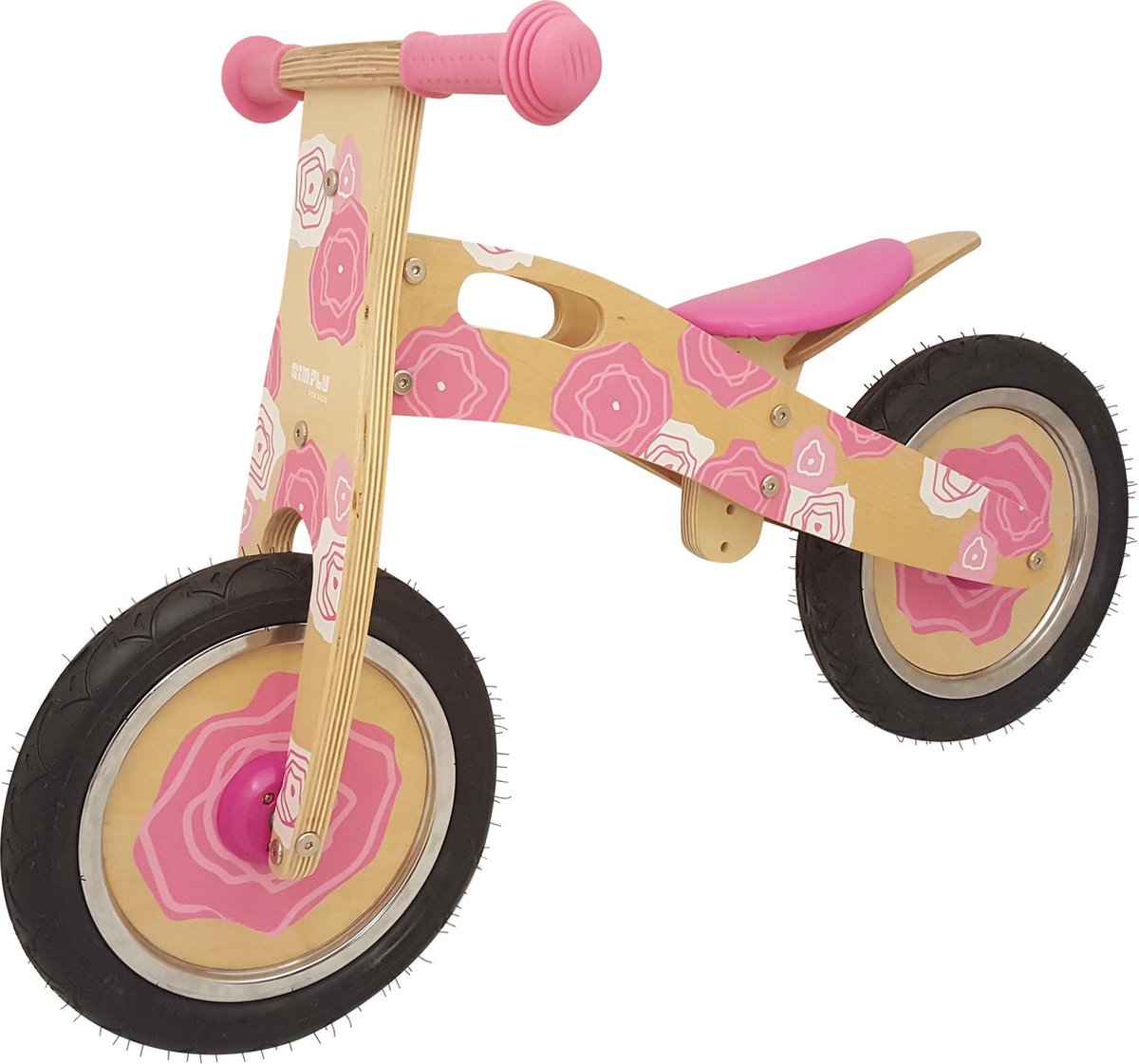Simply - Houten loopfiets roze bloem met foambanden - tweewieler