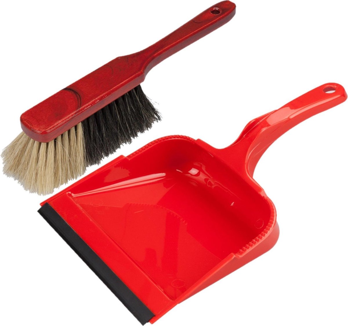 Stoffer en blik rood van kunststof/gelakt mahonie hout met lip voor binnen - Zachte borstel/handveger