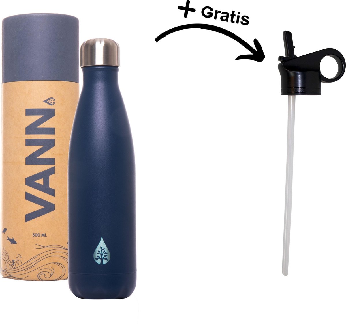 Waterfles met rietje tuit drinkfles volwassenen drinktuit sportfles 500ml waterflessen - VANN thermosfles - Blauw