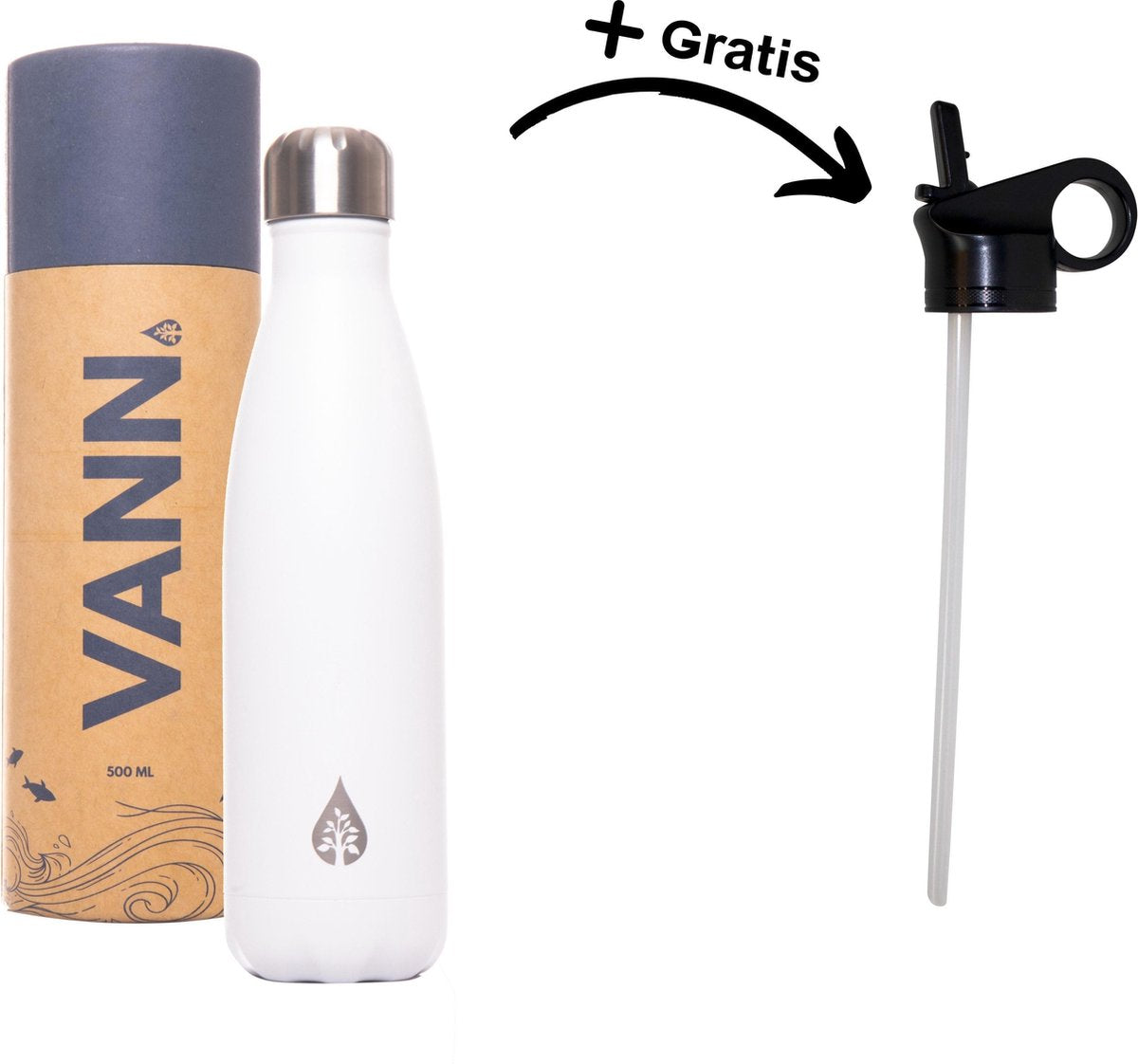 VANN Waterfles 500 ml – Drinkfles voor koude en warme dranken – Met Rietje – Thermosfles – Voor Volwassenen – RVS