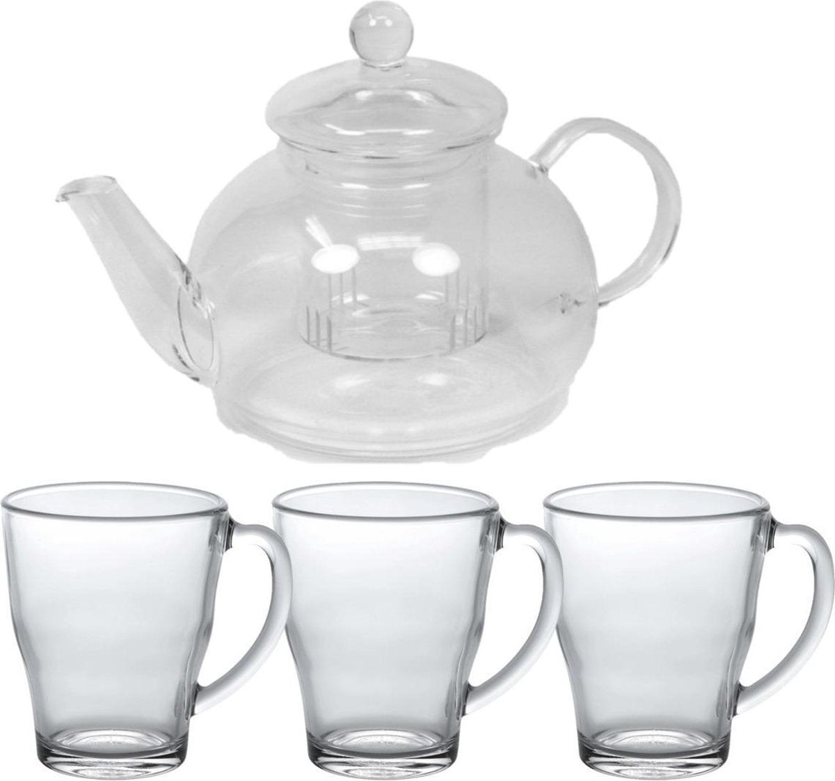 Glazen theepot met filter/infuser van 900 ml met 6x stuks theeglazen van 350 ml