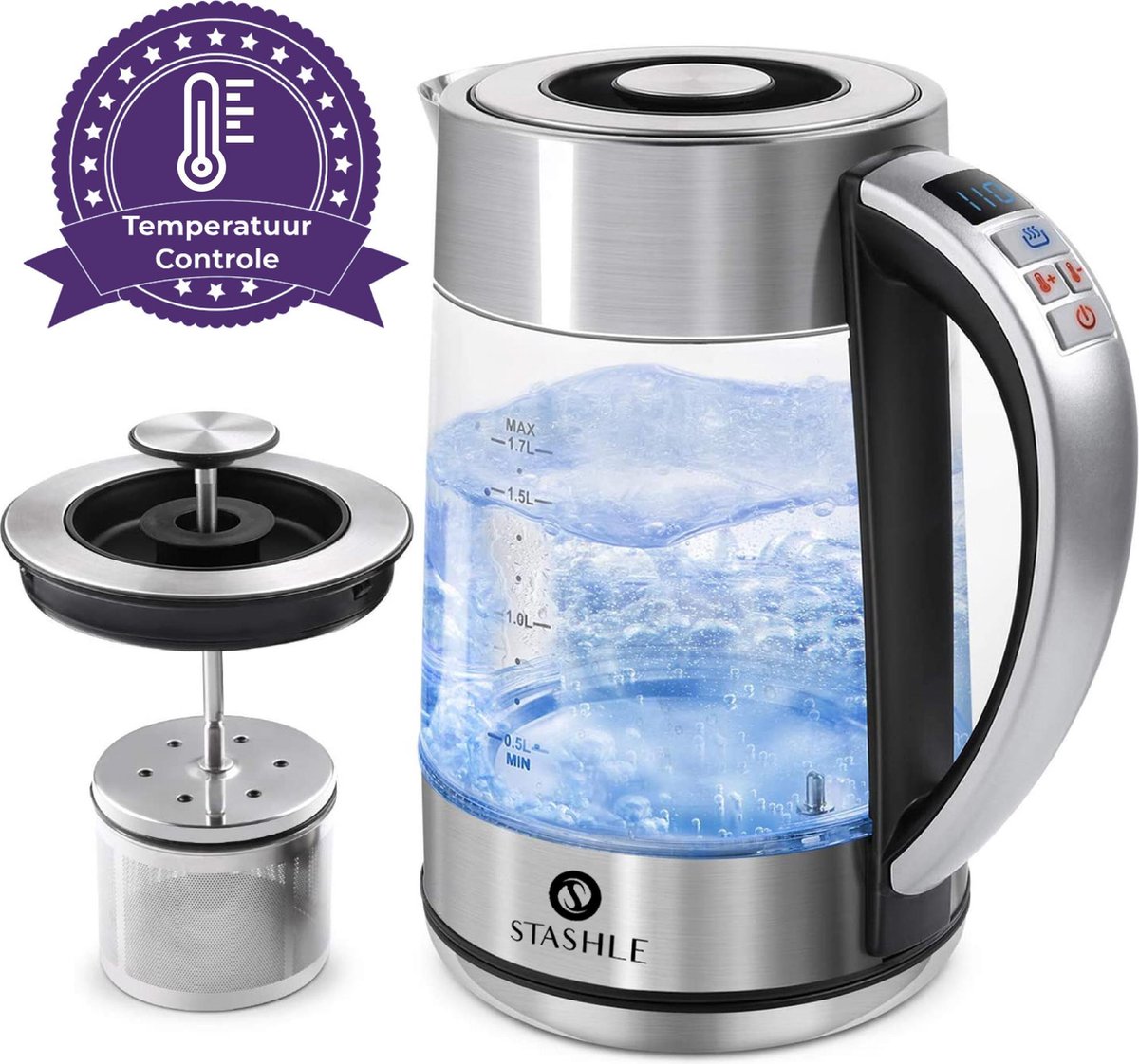 LED Glazen Waterkoker met Temperatuurregeling & Warmhoudfunctie  - 1.7 Liter - Theepot