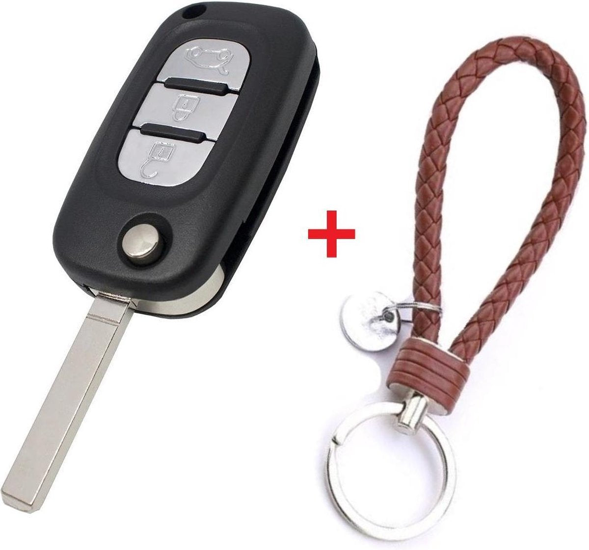 Autosleutel 3 knoppen klapsleutel VA2ERS8 geschikt voor Renault sleutel / Clio / Renault twingo / Renault sleutel behuizing + gevlochten bruin PU-lederen sleutelhanger.