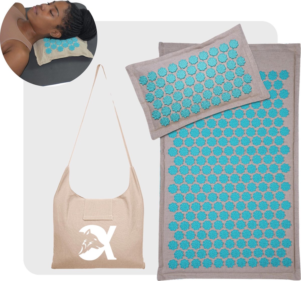 Spijkermat Acupressuur Fitness Yoga Massage Mat Massage Kussen - Turquoise Acupunctuur Mat inclusief Kussen en Opbergtas - Eco-vriendelijk Materiaal - Alpha