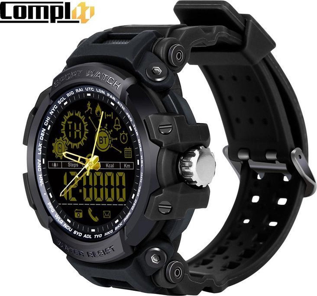 Compl8 - Stappenteller - Stappenteller horloge heren - Solar - Sport - Calorieënmeter - Berichtmelding- Waterbestendig- Zwart