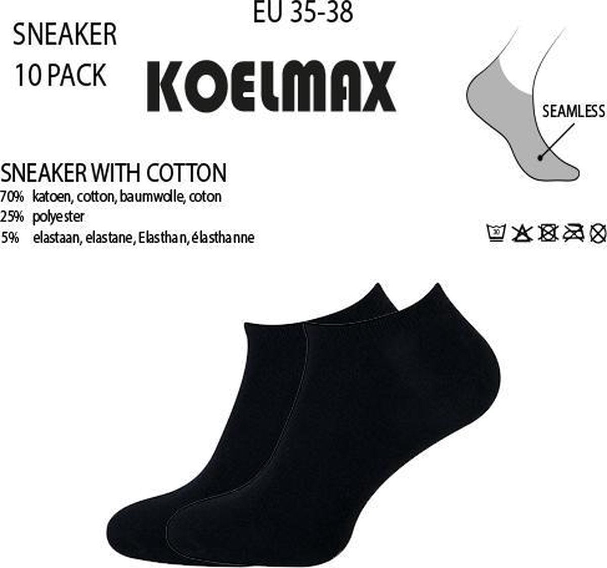 Koelmax - Sneakersokken - Enkelsokken - Zwart - 10 Paar - Maat 35-38