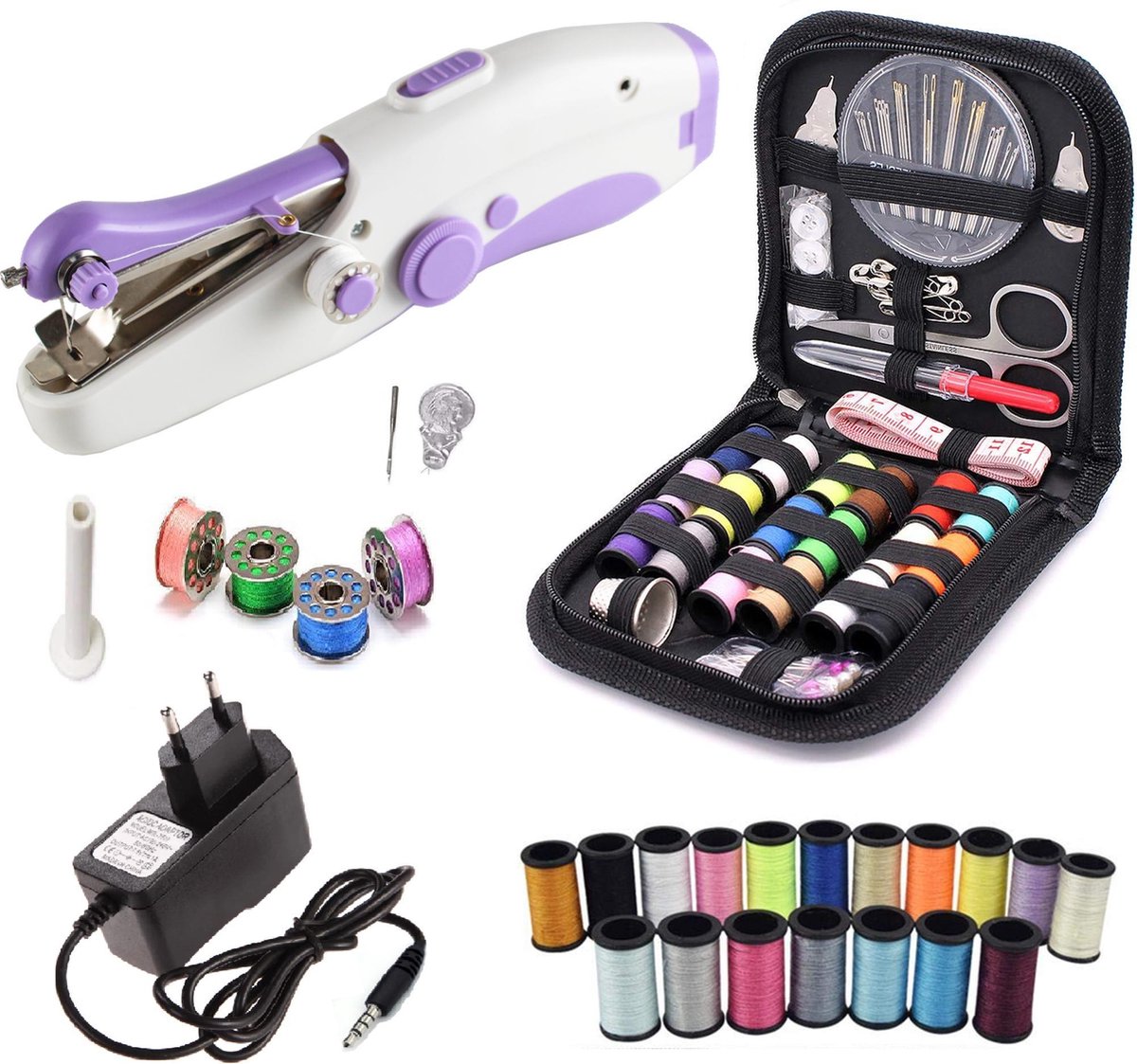Deluxe Stitcher Pro -- PREMIUM Handnaaimachine met Adapter en 80 Delige Starterskit -- Mini naaimachine - Compact - Draadloos - Draagbare Reis Hand Naaimachine - Elektrisch of op Batterijen