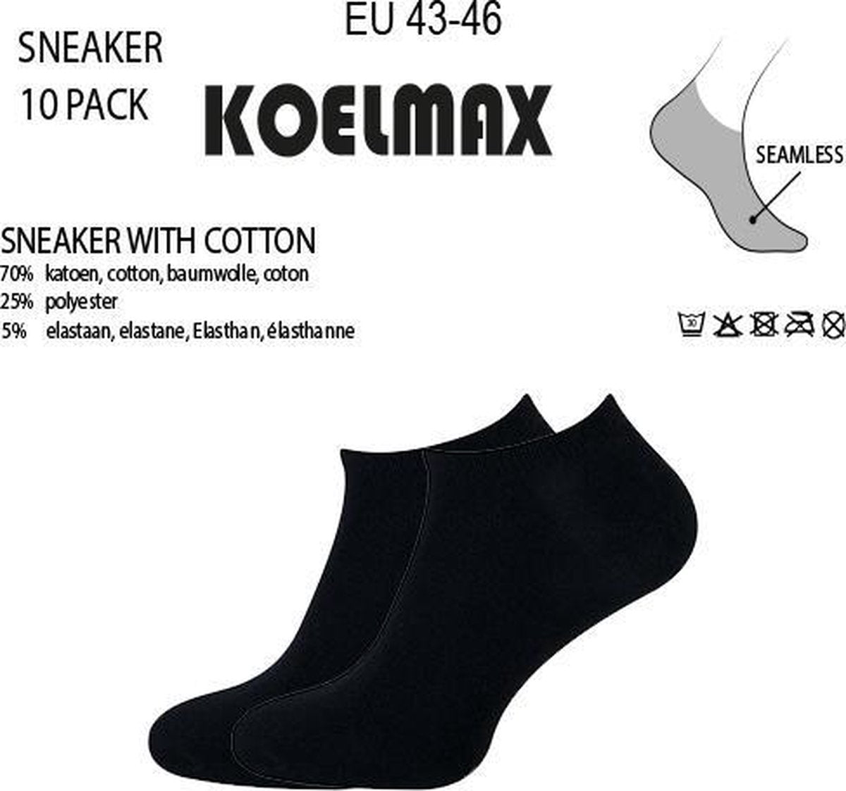 Koelmax - Sneakersokken - Enkelsokken - Zwart - 10 Paar - Maat 43-46