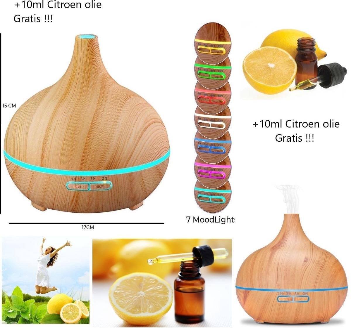 CPKG- Aromatic Therapy - Aroma Diffuser 550 ML - Geurverspreider - Luchtbevochtiger - Light Wood Grain + 10ml eterische Citroen olie.