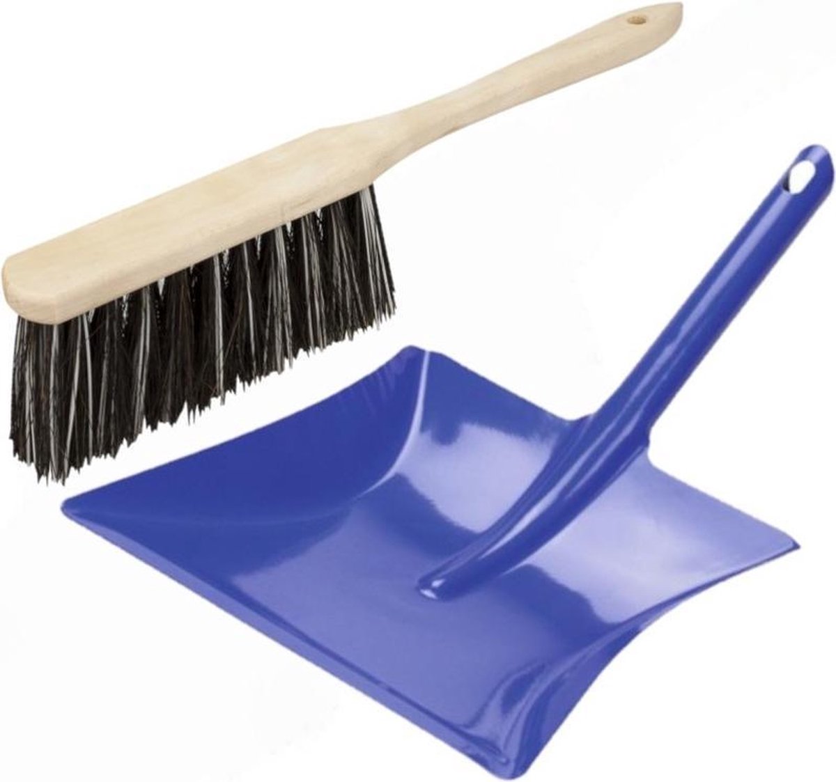 Stoffer en blik blauw van metaal/hout/Arenga vezel voor binnen - Zachte borstel/handveger