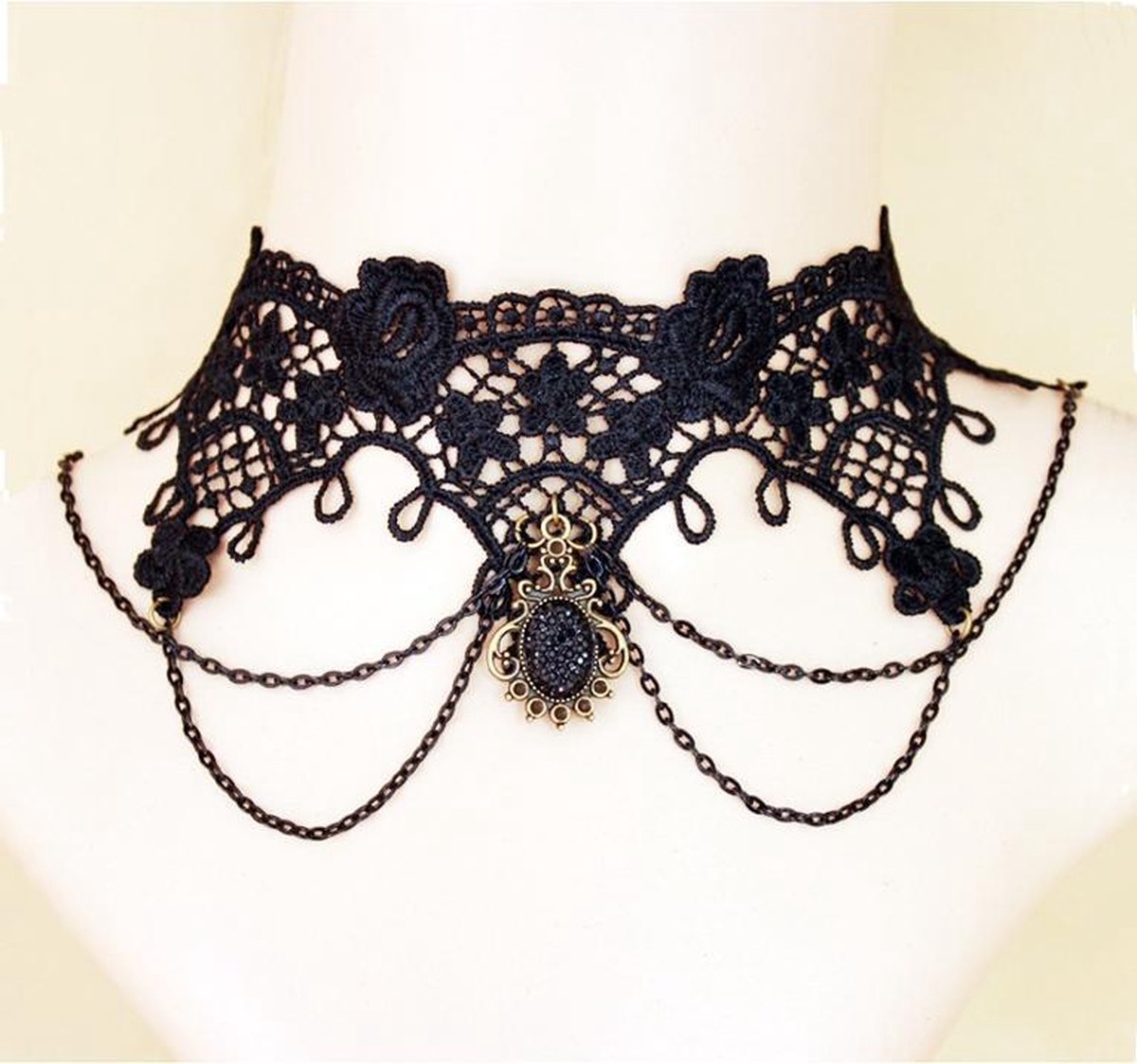 Choker zwart kant en kettinkjes - collar ketting victoriaans sexy zwarte 7