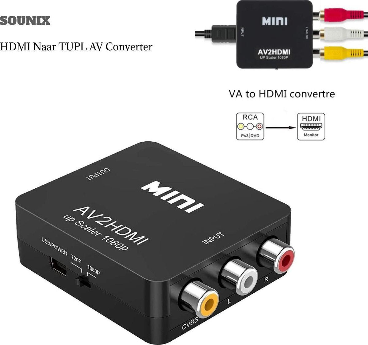 SOUNIX HDMI Naar Tulp AV Converter - RCA naar HDMI - 1080P Mini RCA Composiet CVBS AV naar HDMI Video Audio Adapter