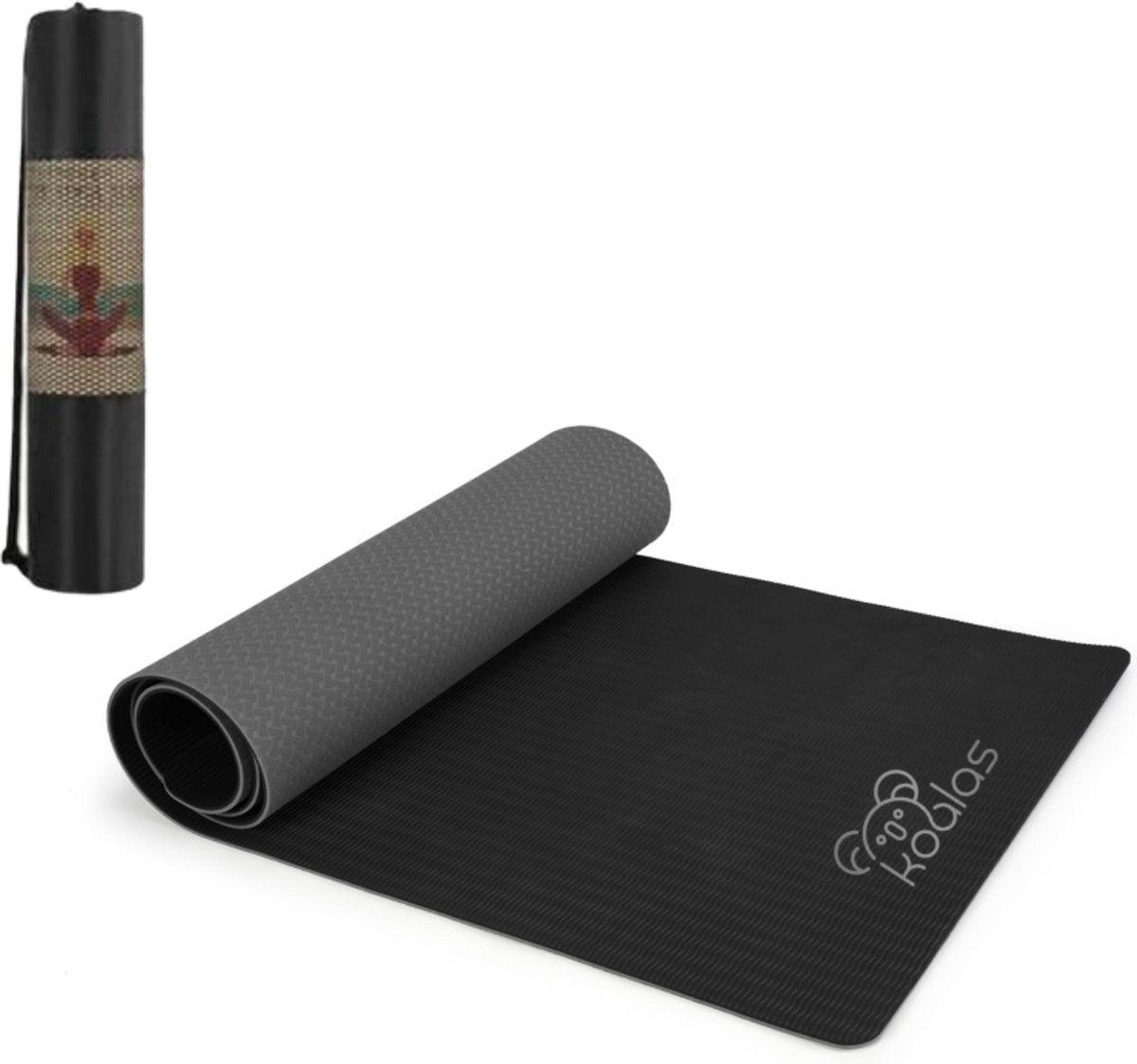 Koalas Eco Yoga Mat  - 100% recyclebaar TPE -  Inclusief Draagtas & Gratis E-book - Anti-slip - Zwart/Grijs