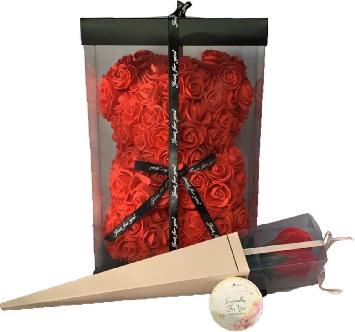 Kenjiro - Teddy beer - Rozen - Valentijn cadeautje - 25 cm - Giftbox - rood - gratis kunst roos - knuffel