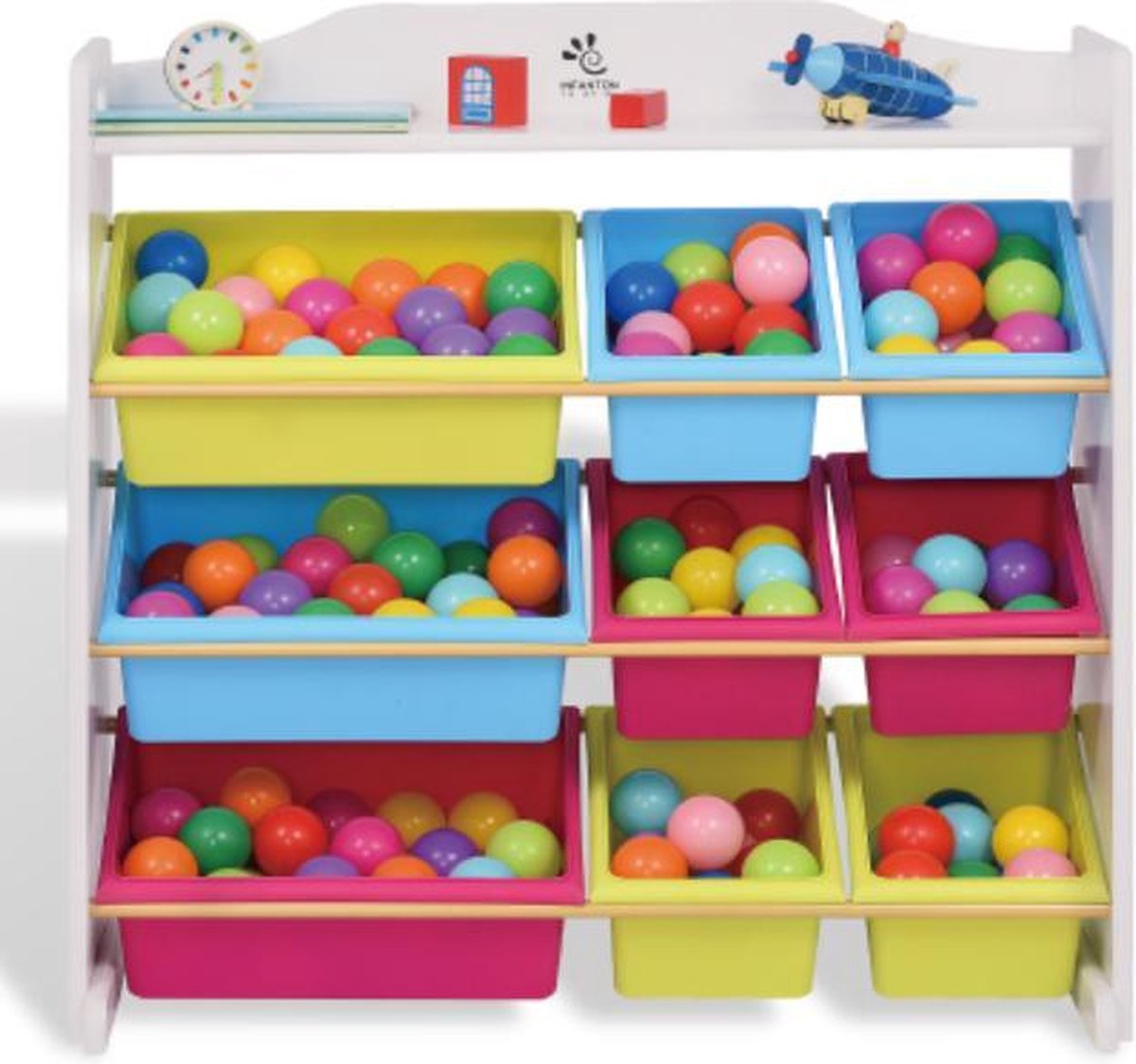 Infanton Massief houten 3-laags Kast met 9 Opslagbakken & Boekenplank - Wit 86CM- Opbergkast - Speelgoedrek - Opbergrek kinderen - Speelgoedboxen - Opbergmeubel - Kast voor kinderkamer - Kinderkast - Organizer - Speelgoedkast - Meubels  kinderkamer