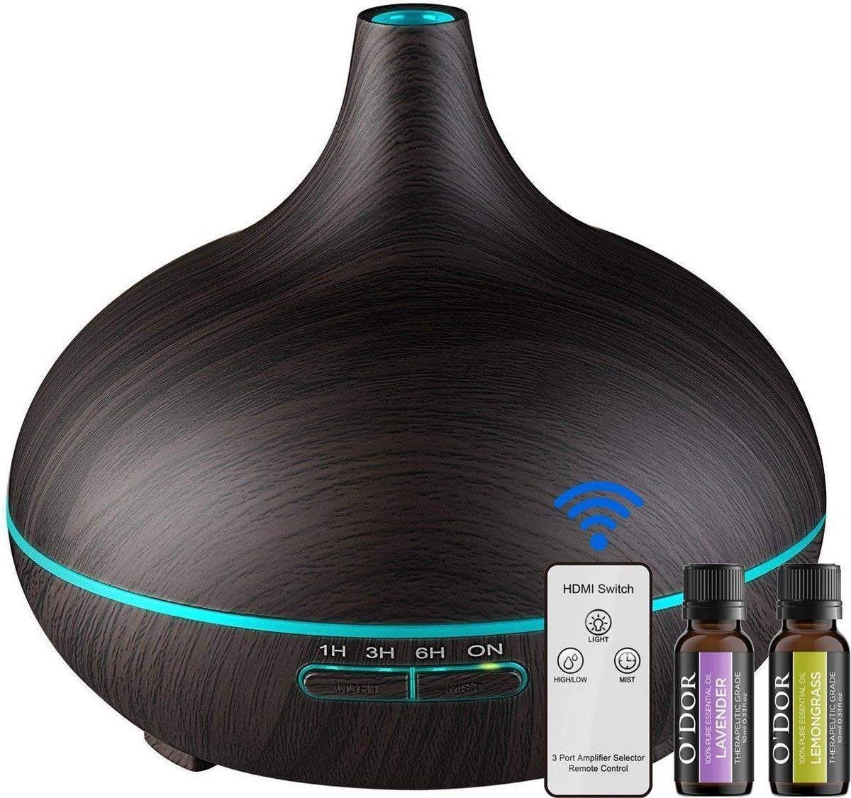 O'dor® Aroma Diffuser met Afstandsbediening en Extra Lemongrass en Lavendel Etherische Olie - Ultrasone Vernevelaar Bevochtiger Verdamper- Donkerbruin