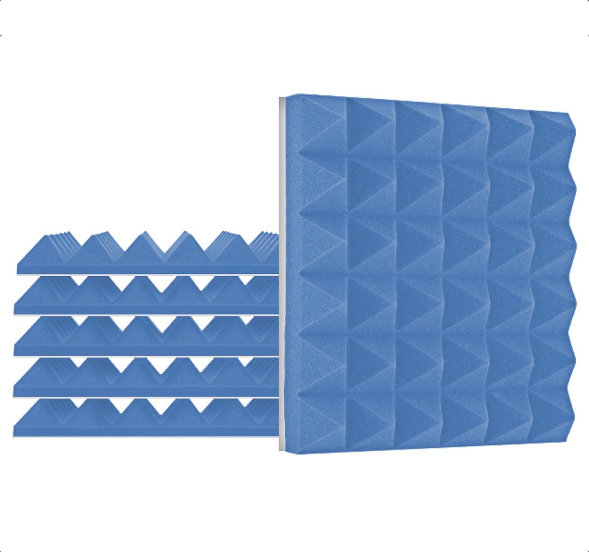 Zelfklevende geluidsisolatie pyramide | Akoestische panelen | isolatieplaten | Studioschuim | 30 x 30 x 5 cm | 6 stuks - Blauw