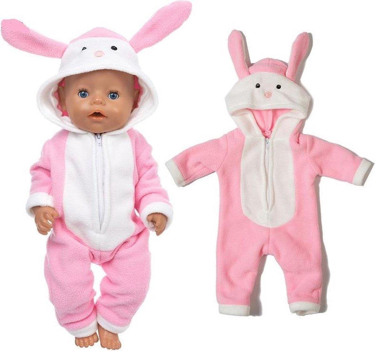 Dolldreams | Roze konijn pakje voor poppen - Onesie met grote oren voor baby pop tot 43CM - Poppenkleding