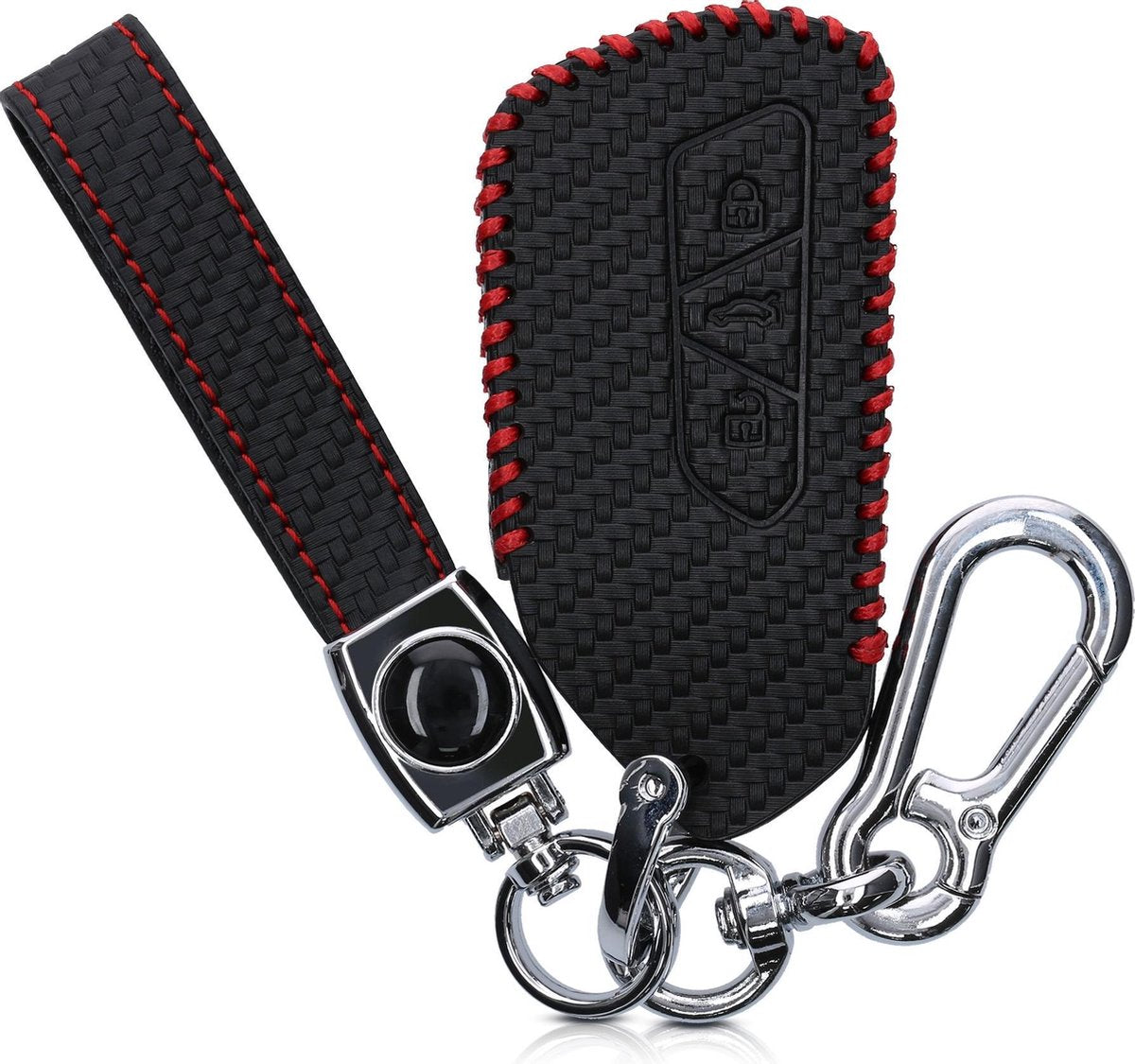 kwmobile autosleutelhoes voor VW Golf 8 3-knops autosleutel - Hoesje van imitatieleer in zwart / rood - Carbon design