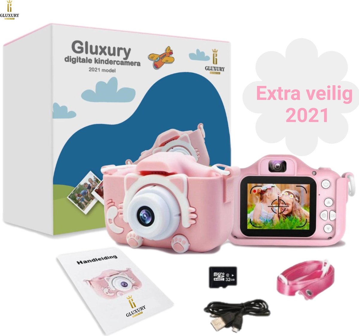Gluxury Digitale Kindercamera 2021 HD 1080P 32 GB Inclusief Micro USB Kaart + SD Kaart – Nederlands - Fototoestel Voor Kinderen – Extra veilig - Vlog Camera – Nederlandstalig – USB Oplaadbaar – Roze – Digitaal Kinderfototoestel