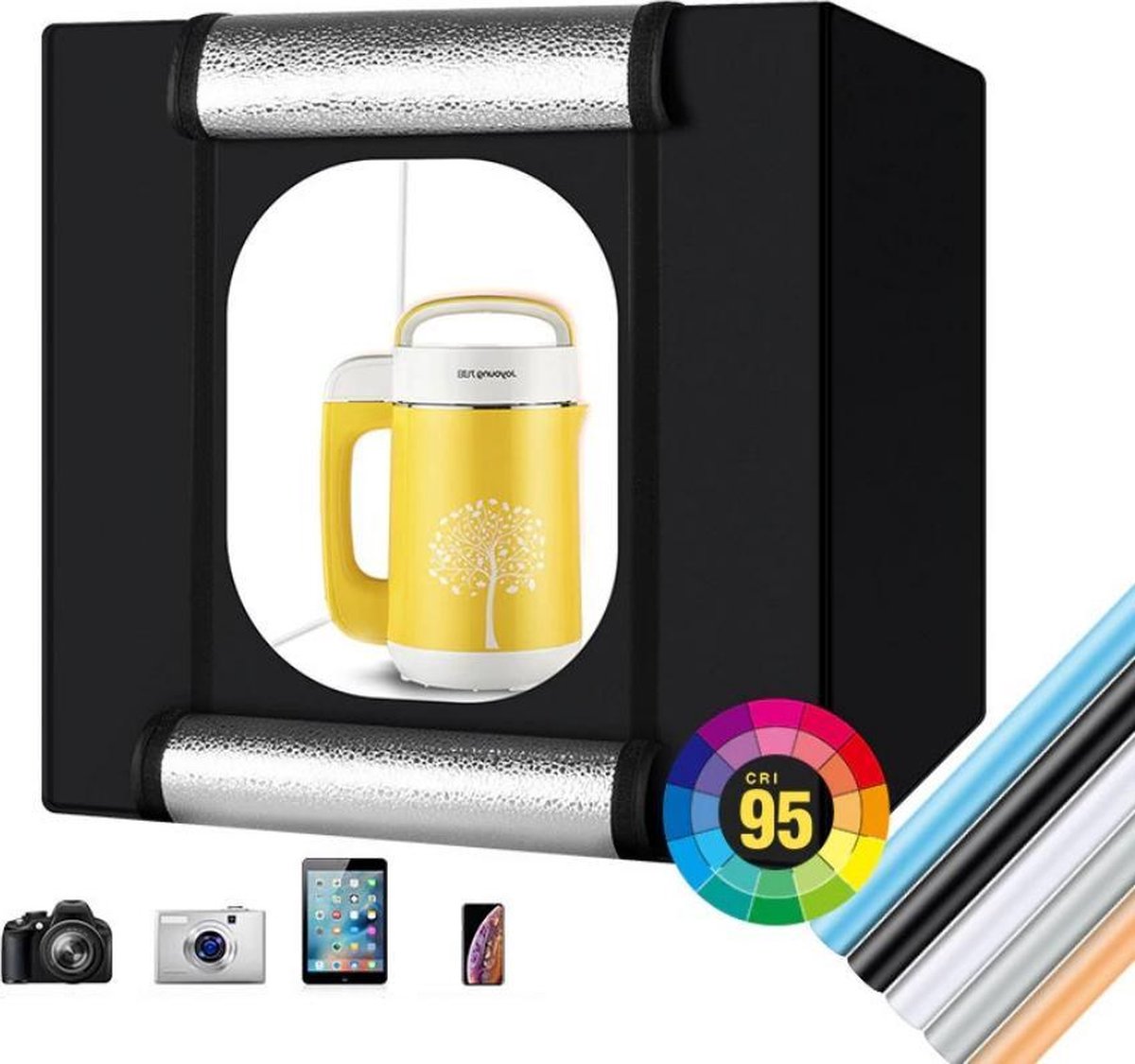 Grandecom Pro Fotostudio - Draagbaar - Foto Box - Hoge Kwaliteit - Profesioneel - met LED verlichting - Studiotent - 60x60 cm - Fototent - Opvouwbaar - Opnametent - 5 Achtergronden